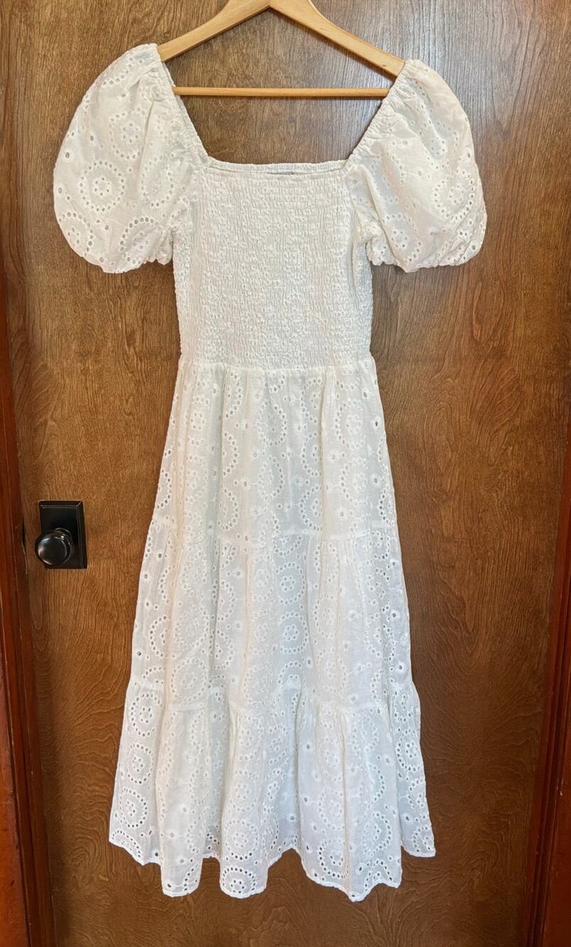 HYFVE White Smocked Puffy Sleeve Midi Dress